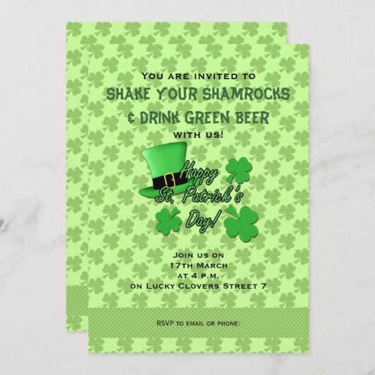 Groene bovenhoed Shamrocks St. Patricks Day Invite Kaart (Voorkant / Achterkant)