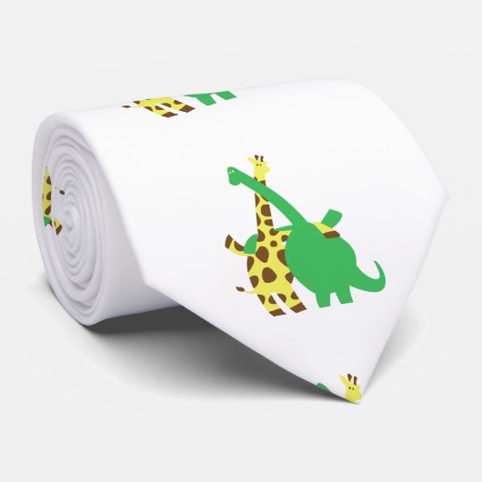 Groene Brachiosaurus en giraffe hugs cartoon Stropdas (Opgerold)