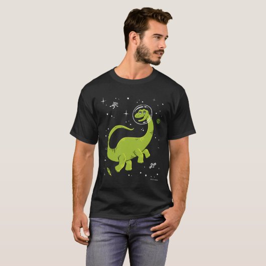 Groene Brontosaurus dinos in de ruimte T-shirt (Voorkant volledig)
