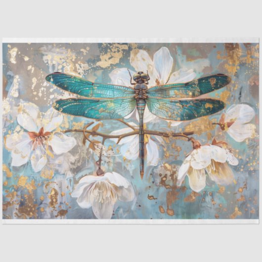Groene Bronze Dragonfly Bloemen Decoupage Tissuepapier (Voorkant)