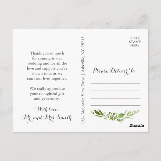 Groene bruiloft dank u Briefkaarten rustiek groen (Achterkant)