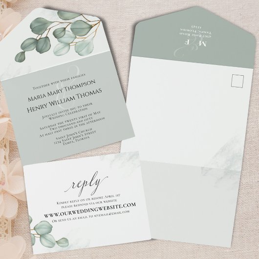 Groene bruiloft Eucalyptus groen Elegant All In One Uitnodiging