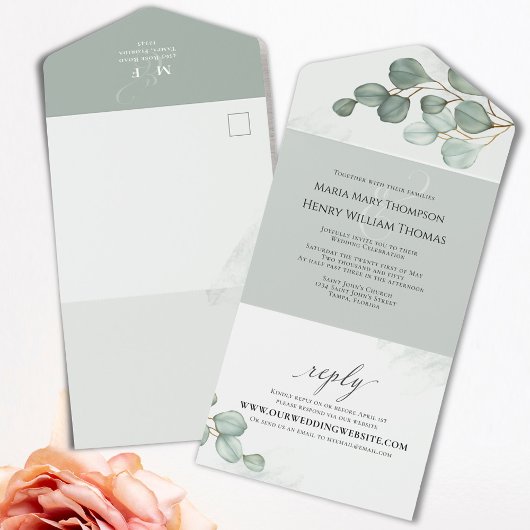 Groene bruiloft Eucalyptus groen Elegant All In One Uitnodiging