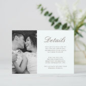  groene bruiloft gast details foto informatiekaartje (Staand voorkant)