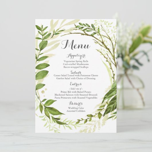 Groene bruiloft menu Kaarten, rustiek groen (Staand voorkant)