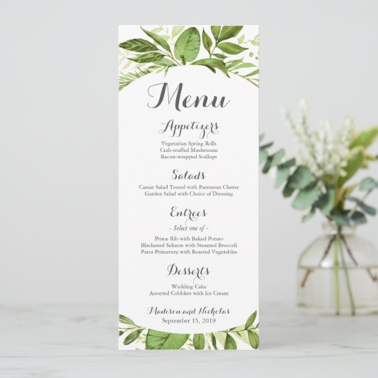 Groene Bruiloft Menu Rack Kaarten, Rustiek groen (Staand voorkant)