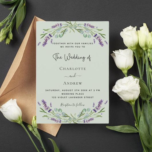 Groene bruiloft met lavendel eucalyptus kaart