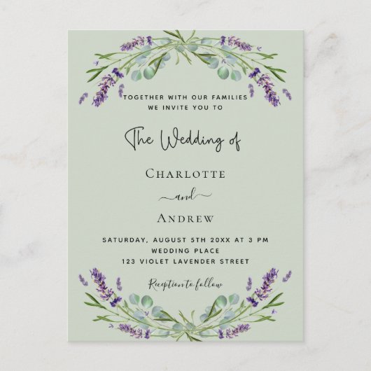 Groene bruiloft met lavendel eucalyptus uitnodiging briefkaart (Voorkant)