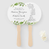 Groene bruiloft programma cirkel fan, rustieke gro handwaaier (Voorkant en achterkant)