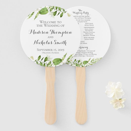 Groene bruiloft programma cirkel fan, rustieke gro handwaaier (Voorkant en achterkant)
