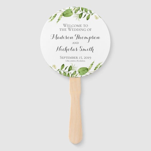 Groene bruiloft programma cirkel fan, rustieke gro handwaaier (Voorkant)