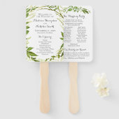 Groene bruiloft programma fans, rustieke groen handwaaier (Voorkant en achterkant)