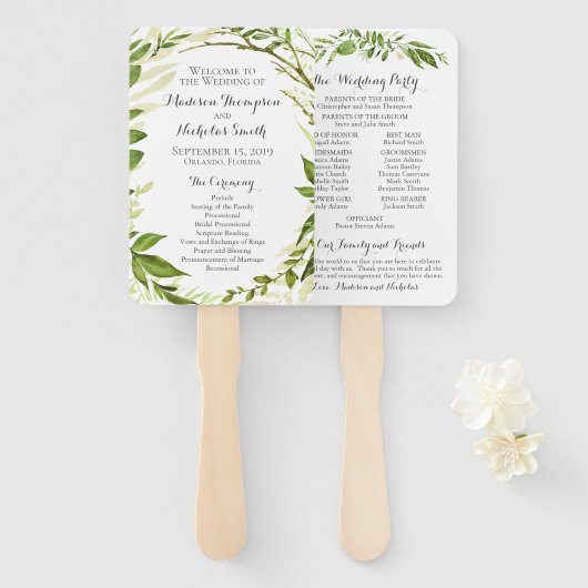 Groene bruiloft programma fans, rustieke groen handwaaier (Voorkant en achterkant)