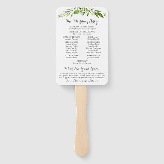 Groene bruiloft programma fans, rustieke groen handwaaier (Achterkant)