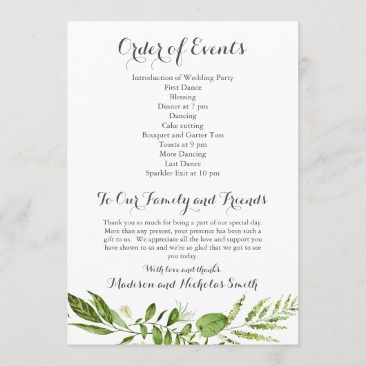 Groene bruiloft receptie programma's, rustieke gro programmakaart (Achterkant)