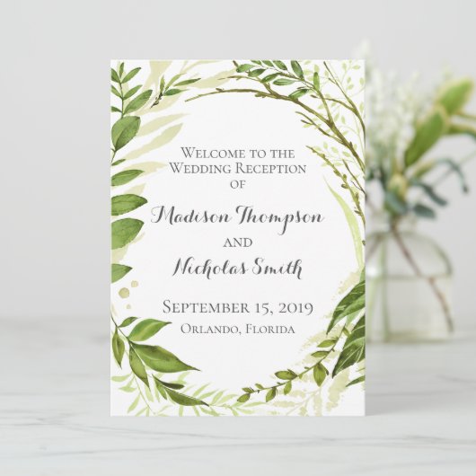 Groene bruiloft receptie programma's, rustieke gro programmakaart (Staand voorkant)