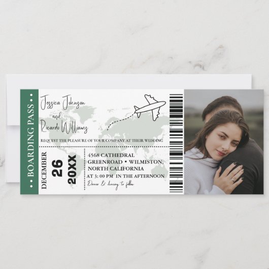 Groene bruiloft uitnodiging Boarding pass ticket (Voorkant)