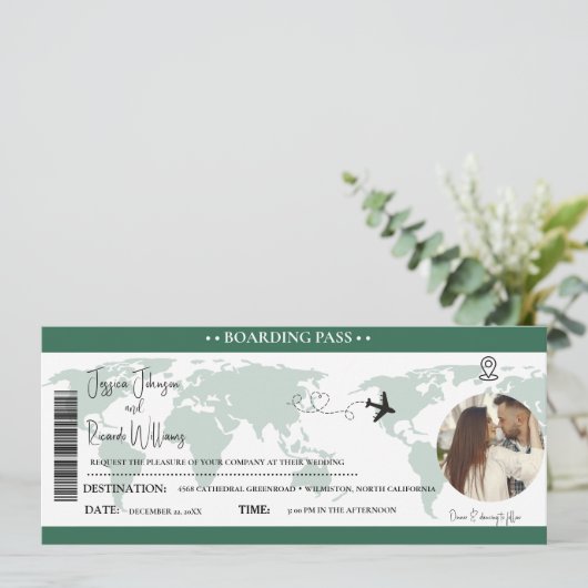 Groene bruiloft uitnodiging Boarding pass ticket (Staand voorkant)