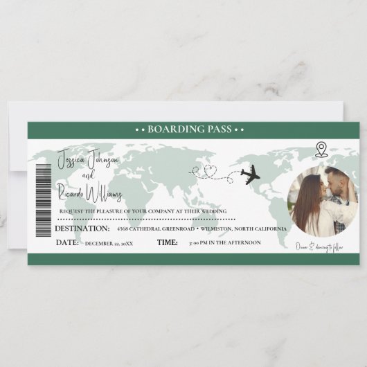 Groene bruiloft uitnodiging Boarding pass ticket (Voorkant)