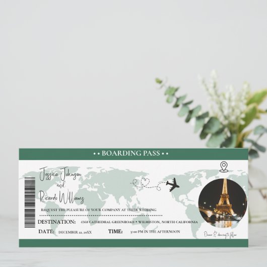 Groene bruiloft uitnodiging Boarding pass ticket (Staand voorkant)