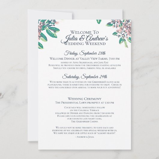 Groene bruiloft weekend schema kaart (Achterkant)