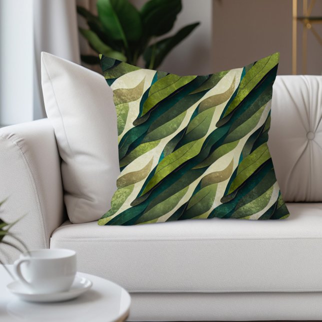 Groene Bruine Bladeren Abstract Aardtinten Kussen (Abstract green leaves decorator pillow)