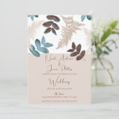 Groene & Bruine Bladeren Crème Beige Bruiloft Kaart (Staand voorkant)