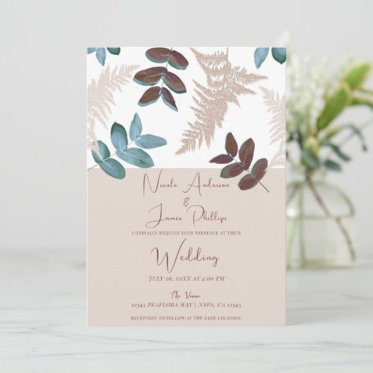 Groene & Bruine bladeren Crème Ecru bruiloft Kaart (Staand voorkant)