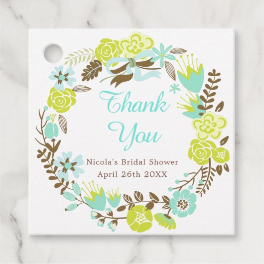 Groene & bruine bloemenkrans bruidsdouche bedankjes labels (Voorkant)