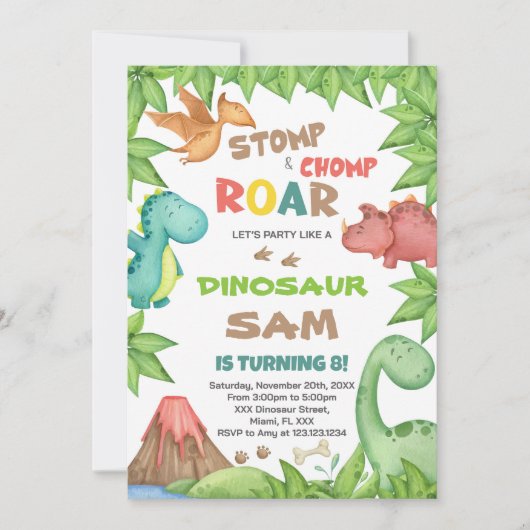 Groene & Bruine Dinosaurus Verjaardag Uitnodiging (Voorkant)