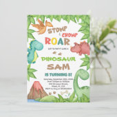 Groene & Bruine Dinosaurus Verjaardag Uitnodiging (Staand voorkant)