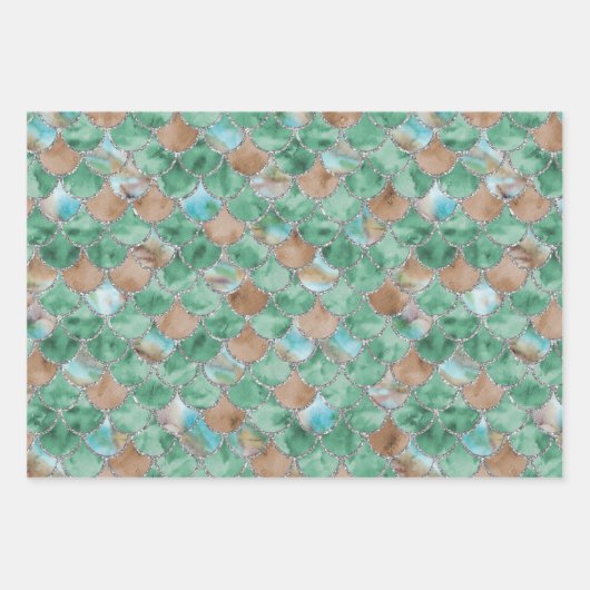 Groene, bruine en zilverzeemeerminnen inpakpapier vel (Voorkant 2)