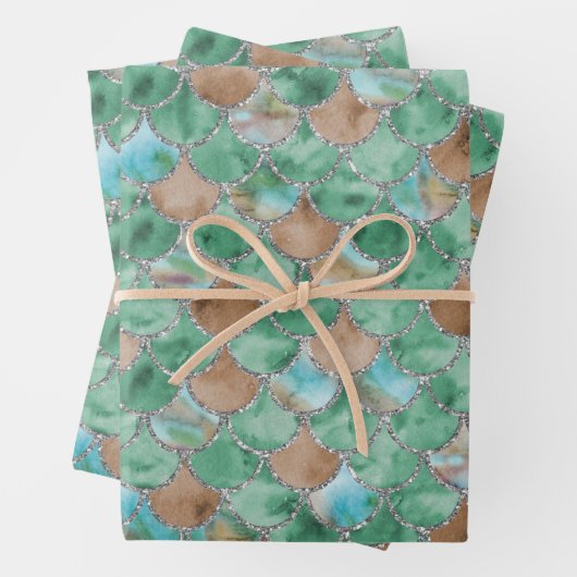 Groene, bruine en zilverzeemeerminnen inpakpapier vel (In situ)