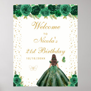 Groene Bruine Haar Meisje Verjaardagsfeest Welkom Poster