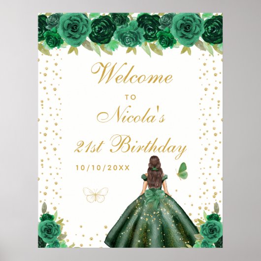 Groene Bruine Haar Meisje Verjaardagsfeest Welkom Poster (Voorkant)