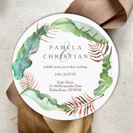 Groene, bruine tropische bananenbladeren, bruiloft kaart