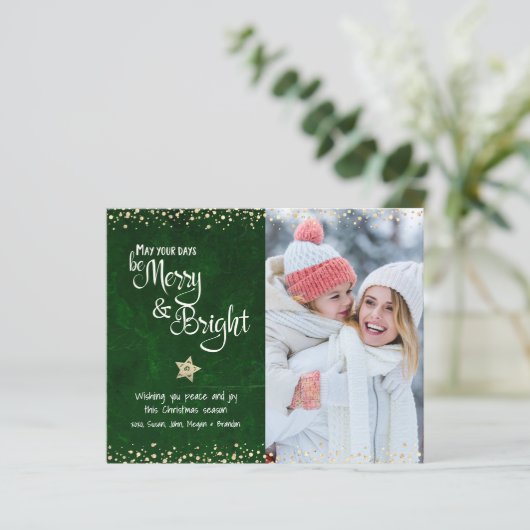 Groene Budget Foto Dagen Merry Bright Script Kaart (Staand voorkant)