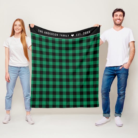 Groene Buffalo Check familienaam Monogram Fleece Deken (In situ)