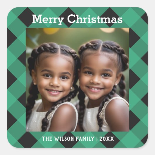 Groene Buffalo Plaid Aangepaste Foto Kerstmis Vierkante Sticker (Voorkant)