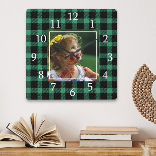 Groene Buffalo Plaid Eén Foto Rustieke Boerderij Vierkante Klok