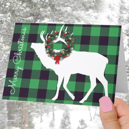 Groene Buffalo Plaid Eland Silhouet Kranssjabloon Feestdagen Kaart