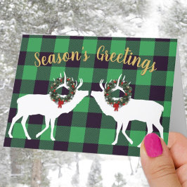 Groene Buffalo Plaid Elandsilhouet Krans Aangepast Feestdagen Kaart