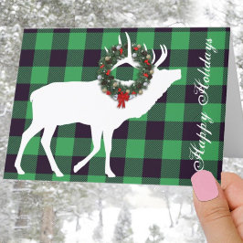 Groene Buffalo Plaid Elk Silhouet Kerstkrans Feestdagen Kaart