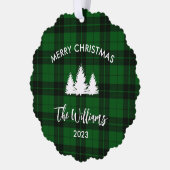 Groene Buffalo Plaid Familie Foto Ornament Kaart (Links)
