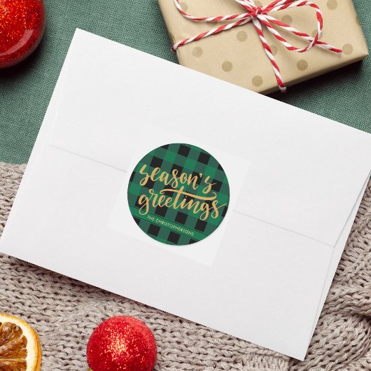 Groene Buffalo Plaid Goud Script SEIZOENEN GROETEN Ronde Sticker