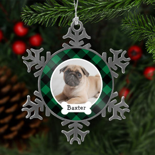 Groene Buffalo Plaid Op Maat Gemaakte Huisdier Pup Tin Sneeuwvlok Ornament