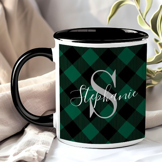 Groene Buffalo Plaid Rustieke Monogram Naam Mok