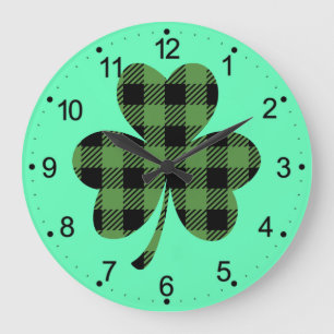 Groene Buffalo Plaid Shamrock Clover Ontwerp-61104 Grote Klok