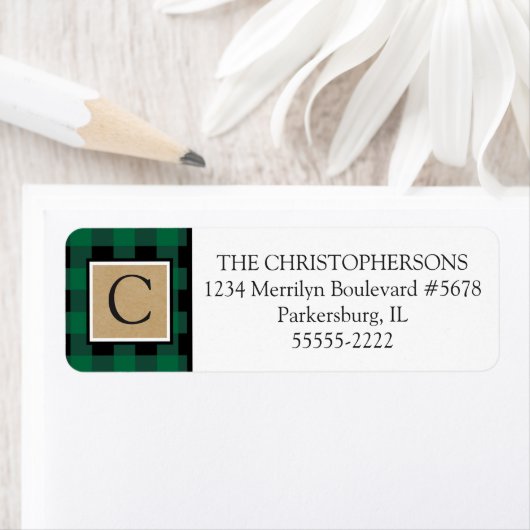 Groene Buffel Check Plaid en Kraft Paper Monogram Etiket (Insitu)
