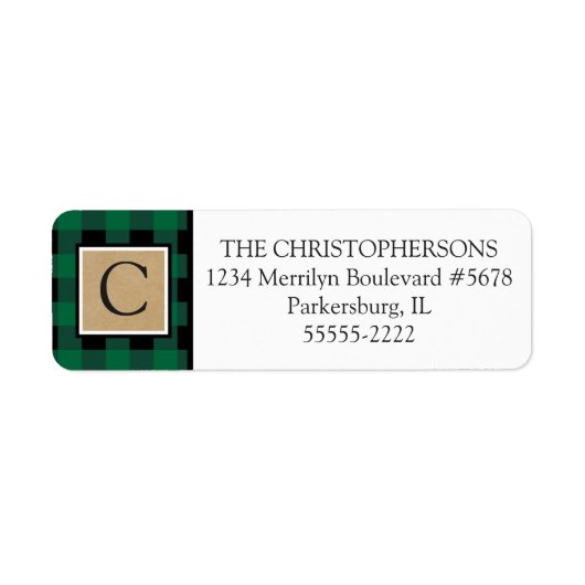 Groene Buffel Check Plaid en Kraft Paper Monogram Etiket (Voorkant)